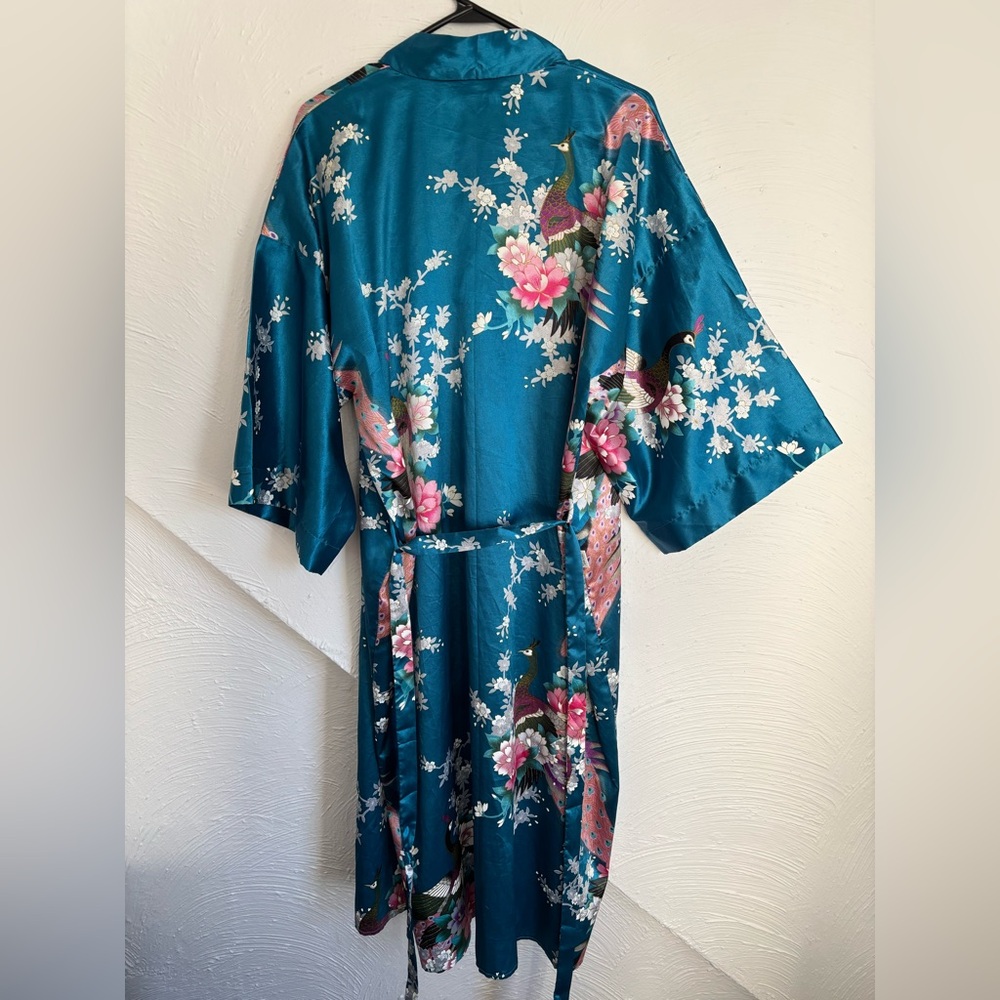 Teal Floral Kimono Robe with Belt